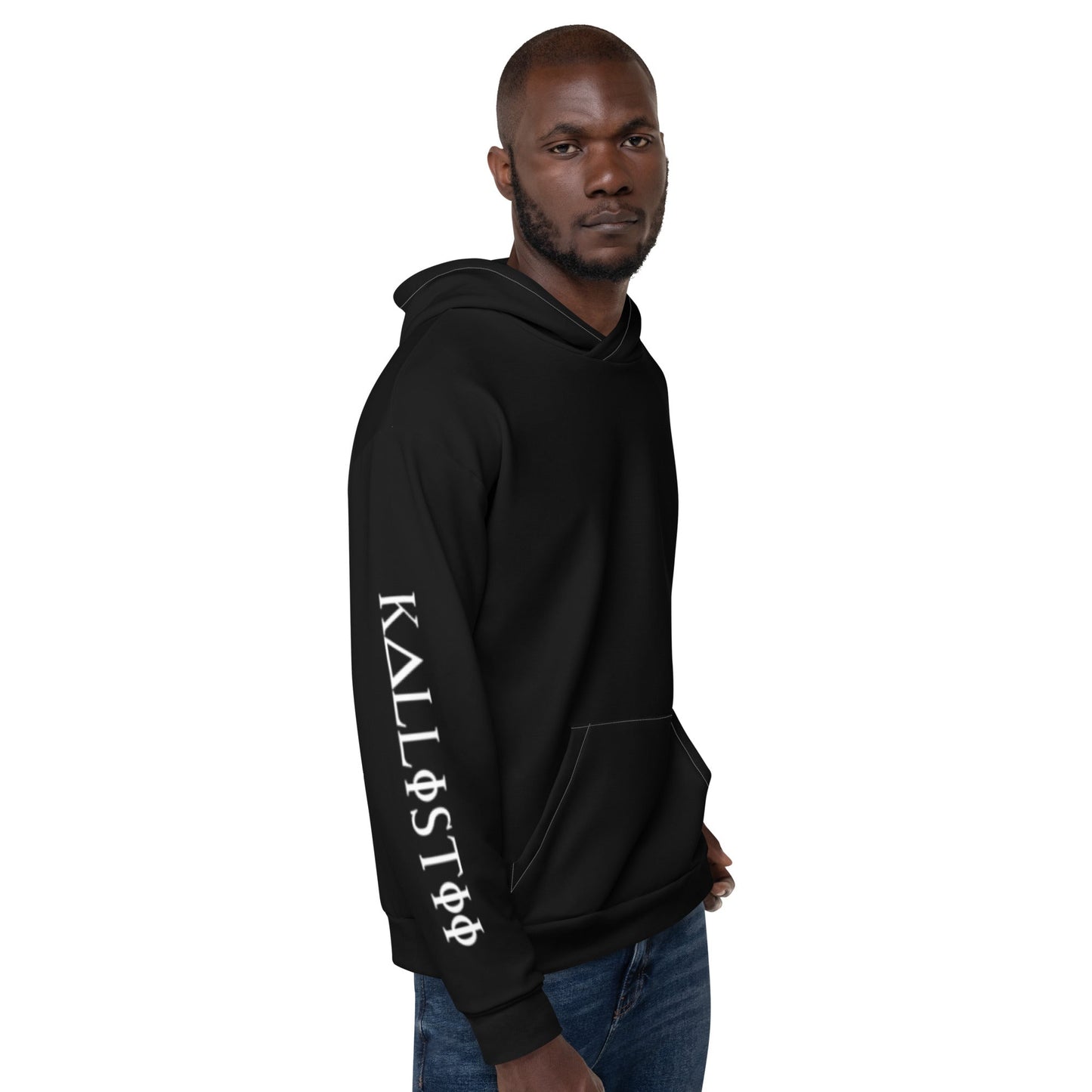 Black unique logo hoodie by kallistii with white logo text on sleeve and front pocket