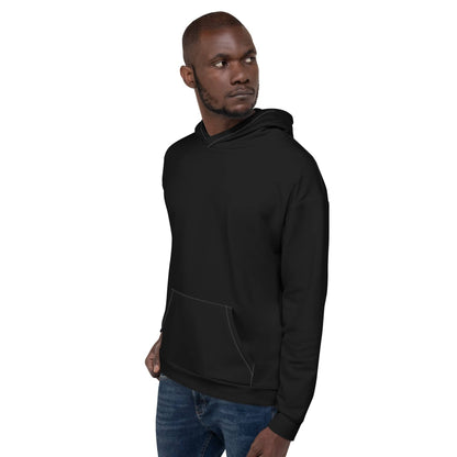 Black unique logo hoodie by kallistii worn by man with front pocket and hood