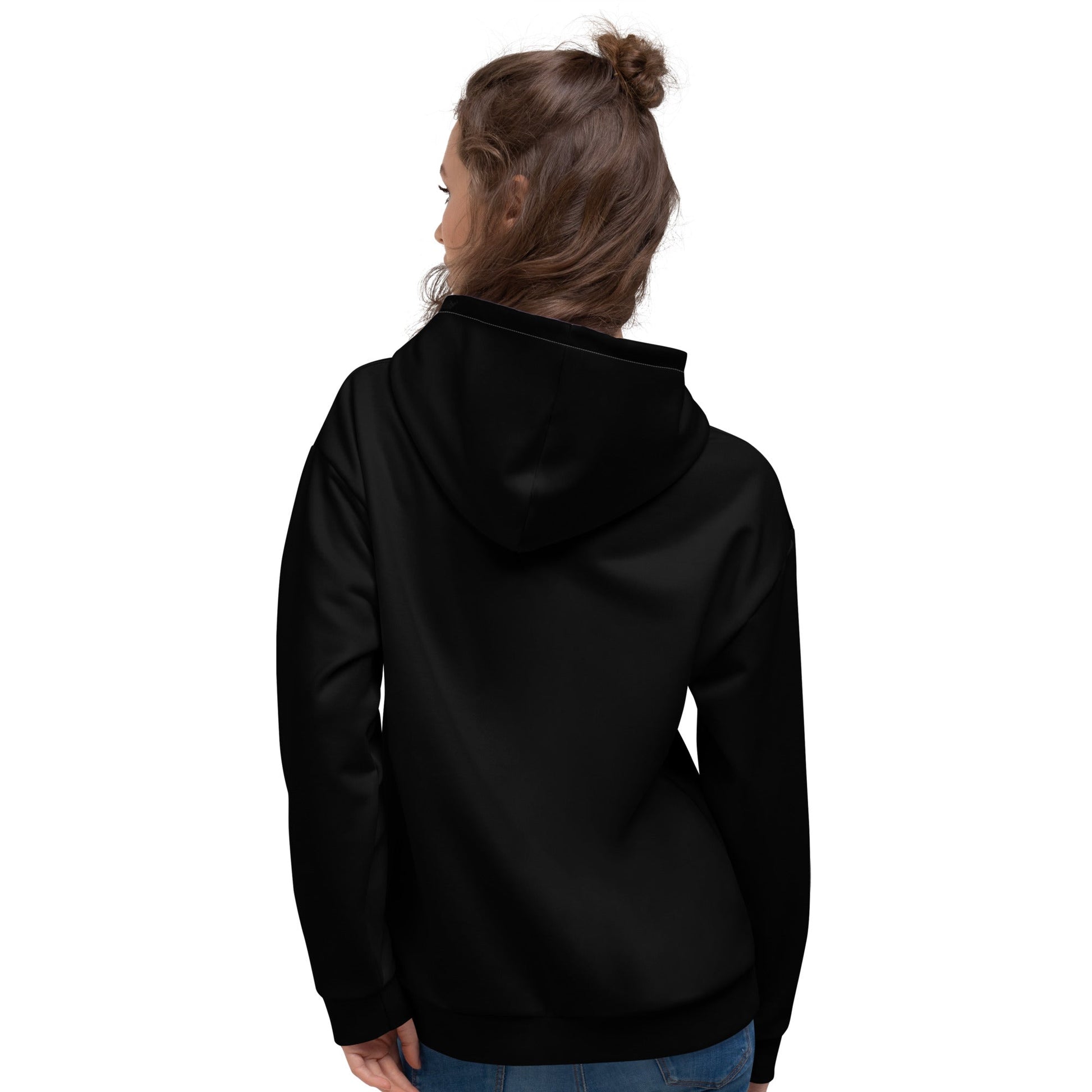 Woman wearing black unique logo hoodie by kallistii shown from back view with hood up