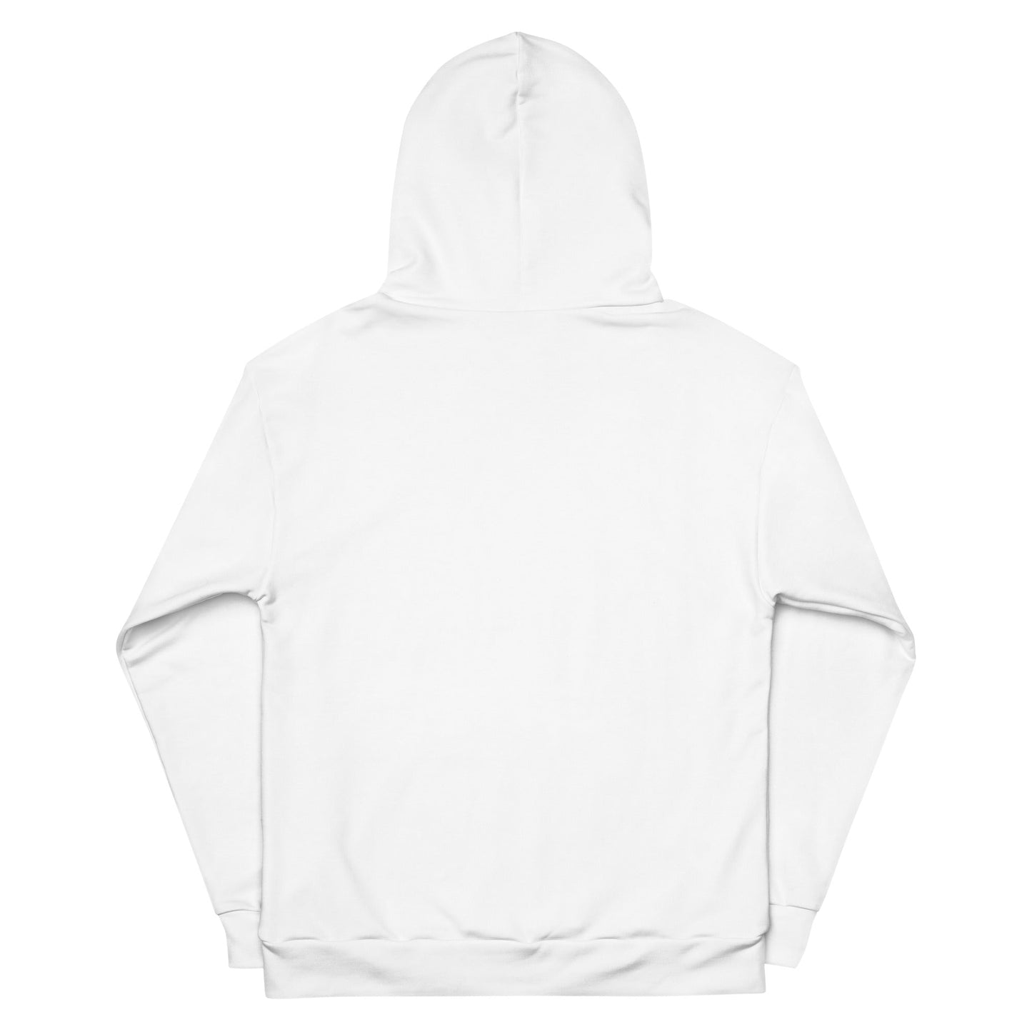 Back view of white unique logo hoodie by kallistii with hood and long sleeves