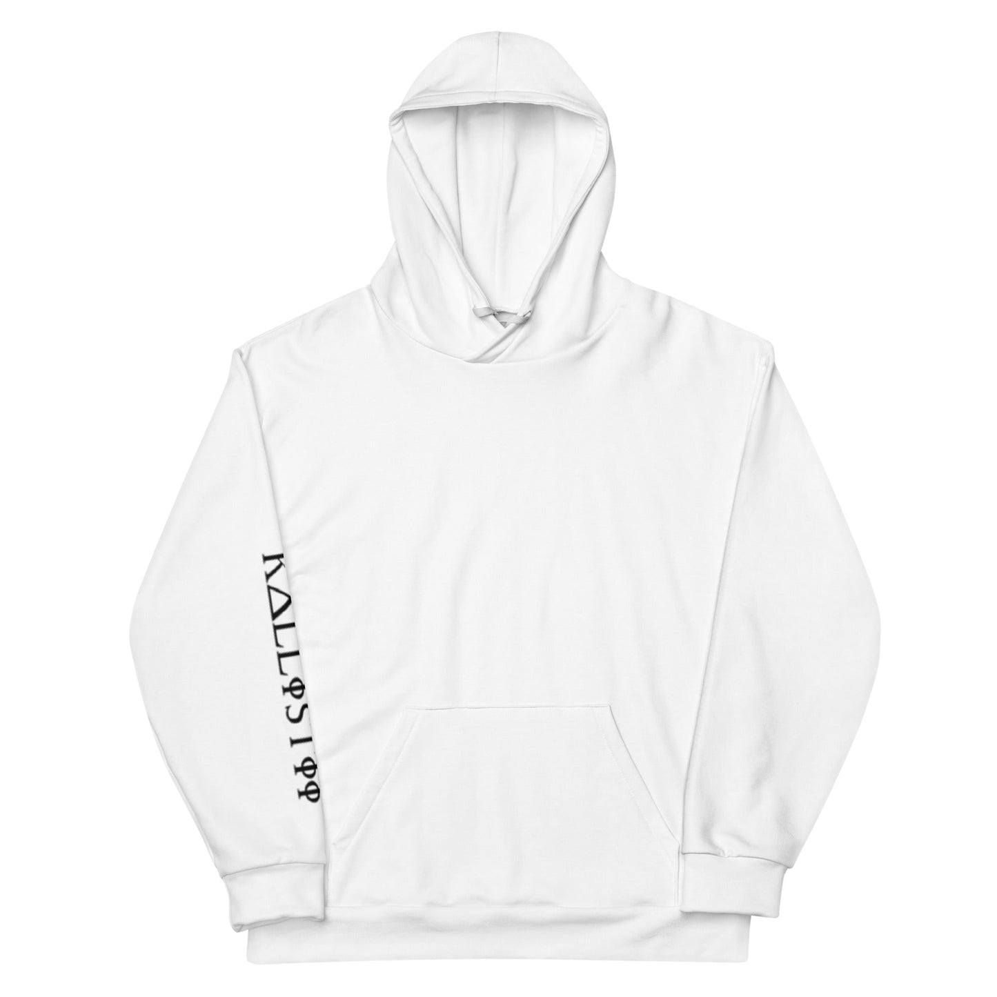 White unique logo hoodie by kallistii with black text design on left sleeve and front pocket