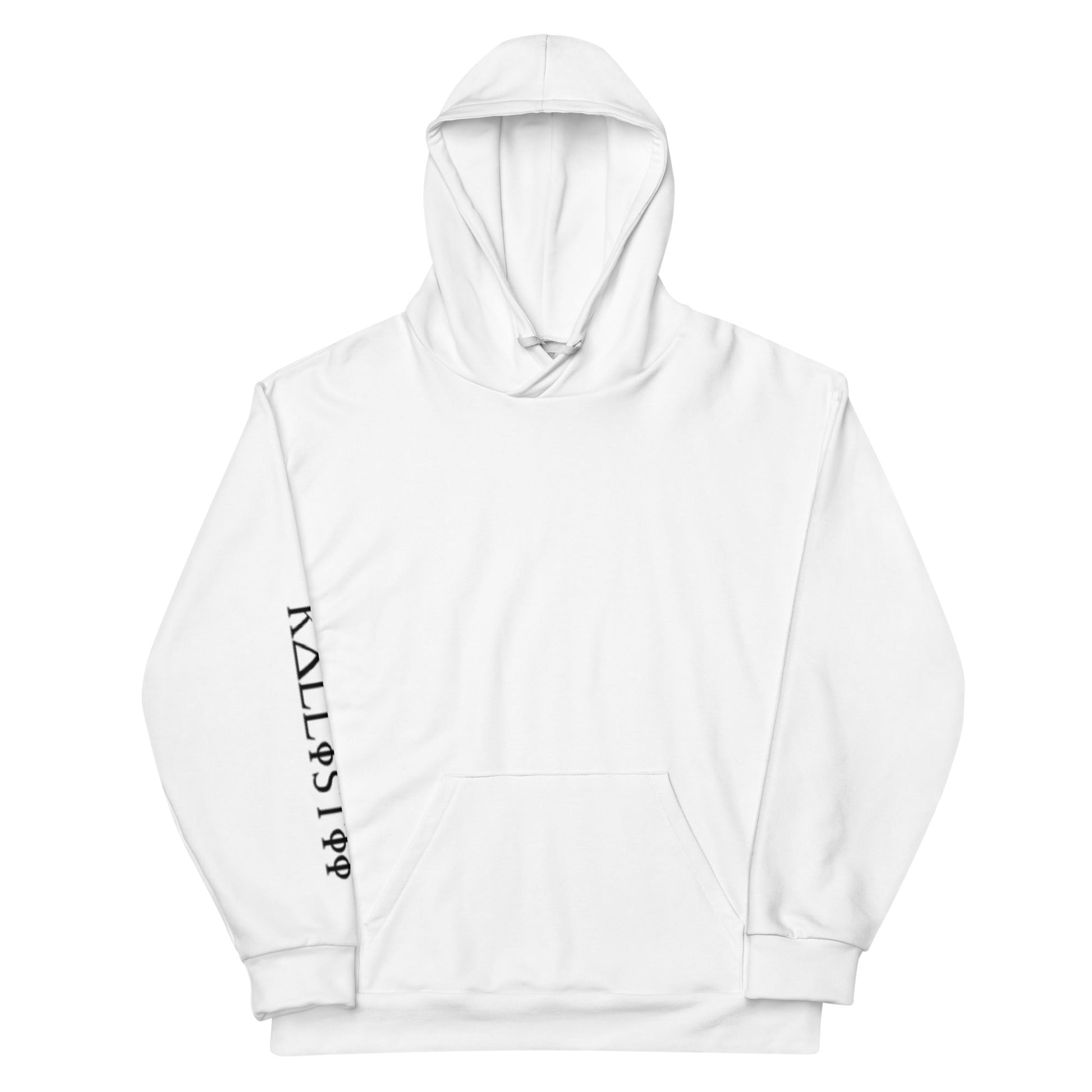 White unique logo hoodie by kallistii with black text design on left sleeve and front pocket