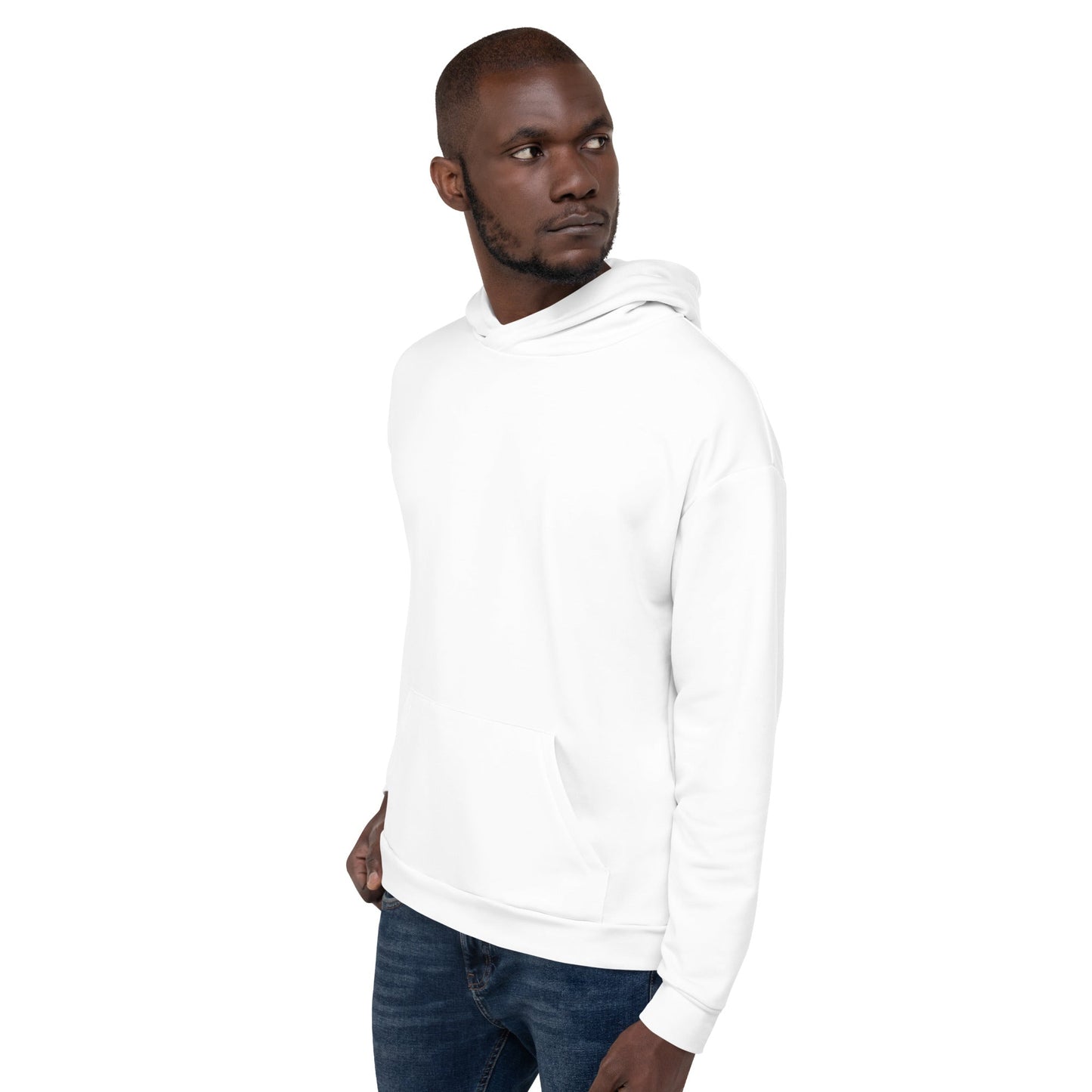 Man wearing a plain white unique logo hoodie with front pocket and hood styled casually