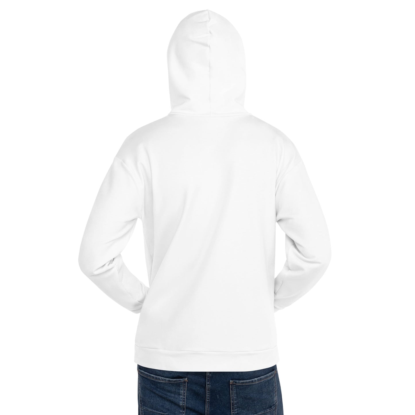 Back view of a white unique logo hoodie by kallistii worn with jeans on a person