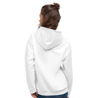 Woman wearing a plain white unique logo hoodie showing the back view with hood up