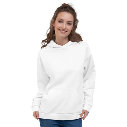 Kallistii white unique logo hoodie worn by smiling woman with front pocket and hood