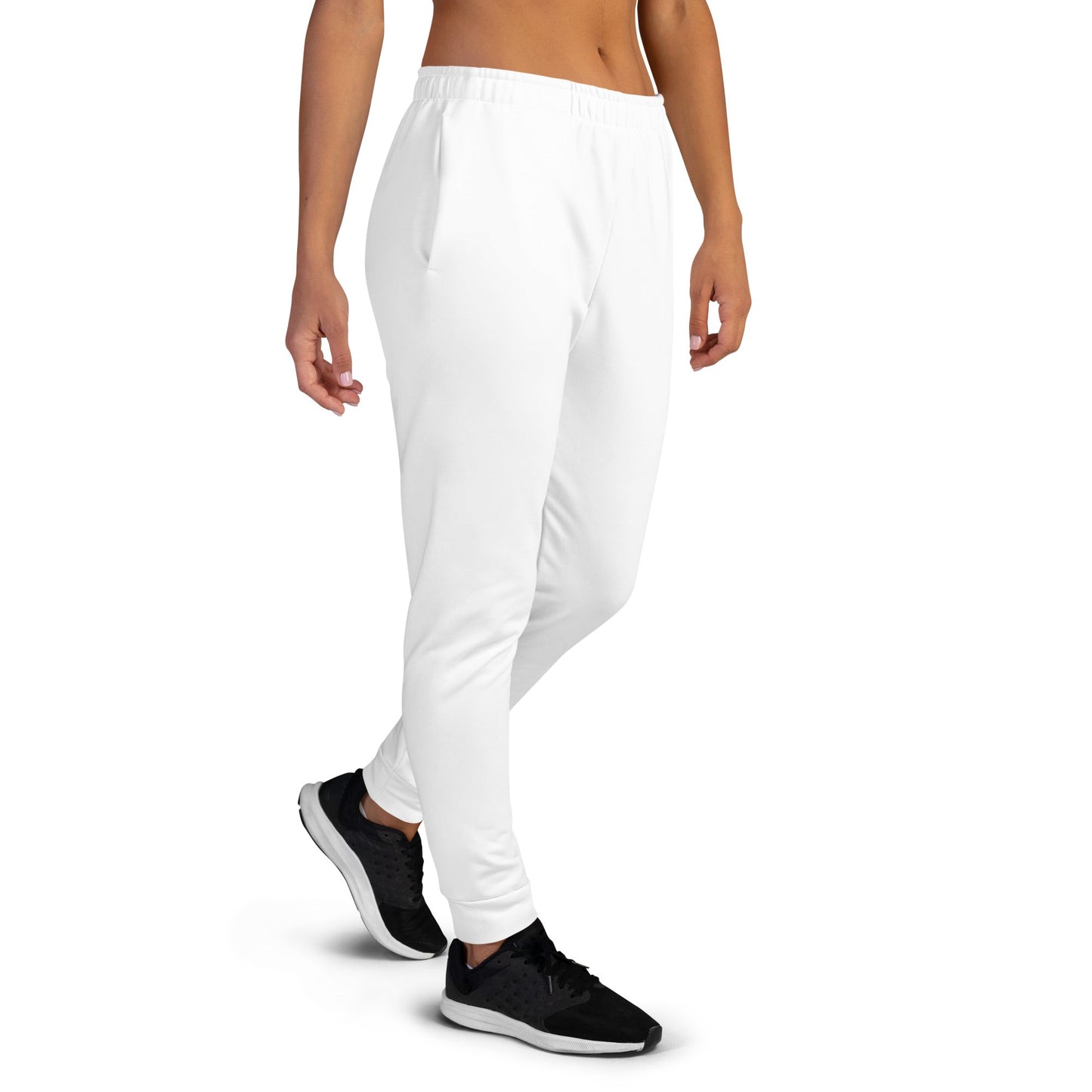 White unique logo joggers with elastic waistband and side pockets worn with black sneakers