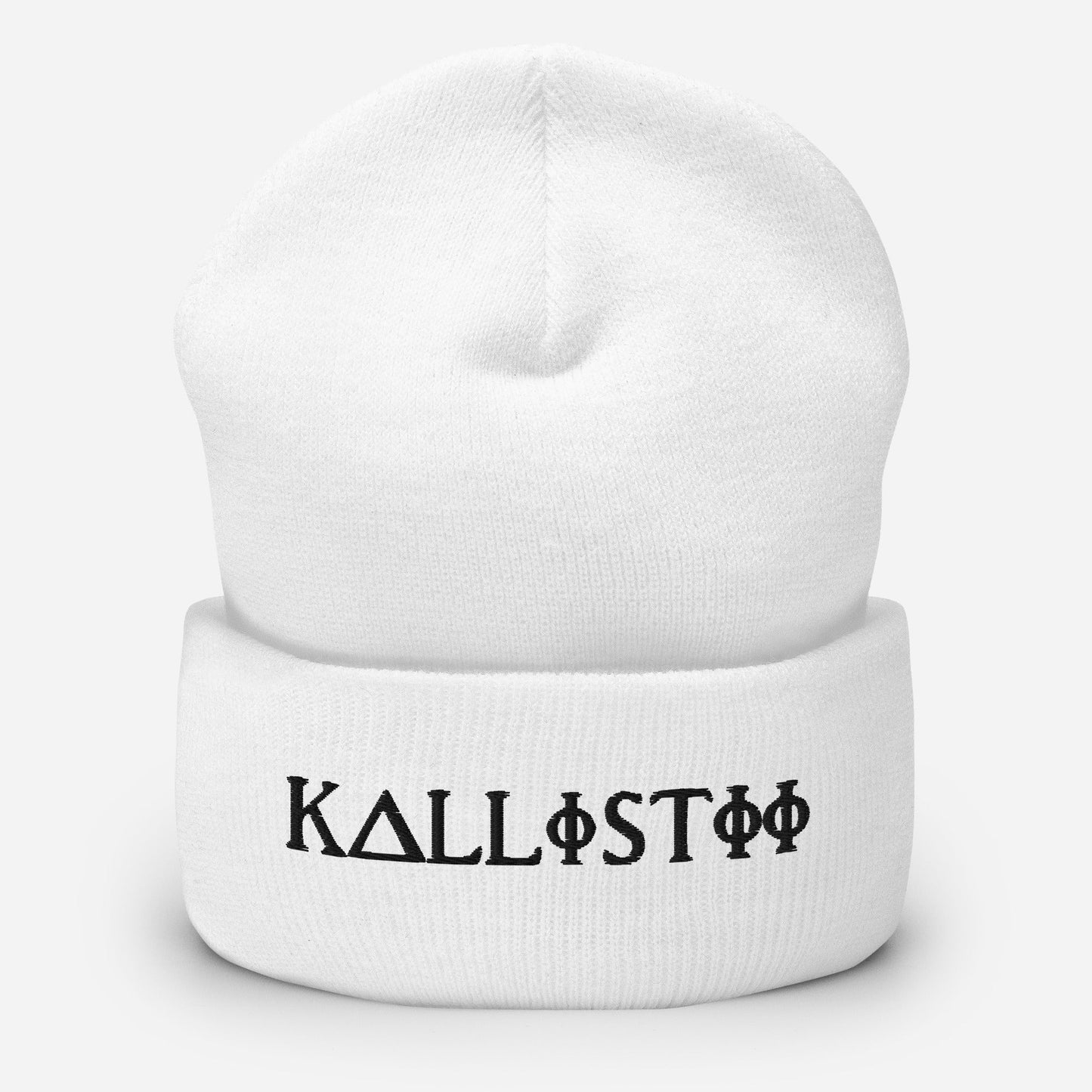 White KALLISTII embroidered beanie with black unique symbol logo on front cuff