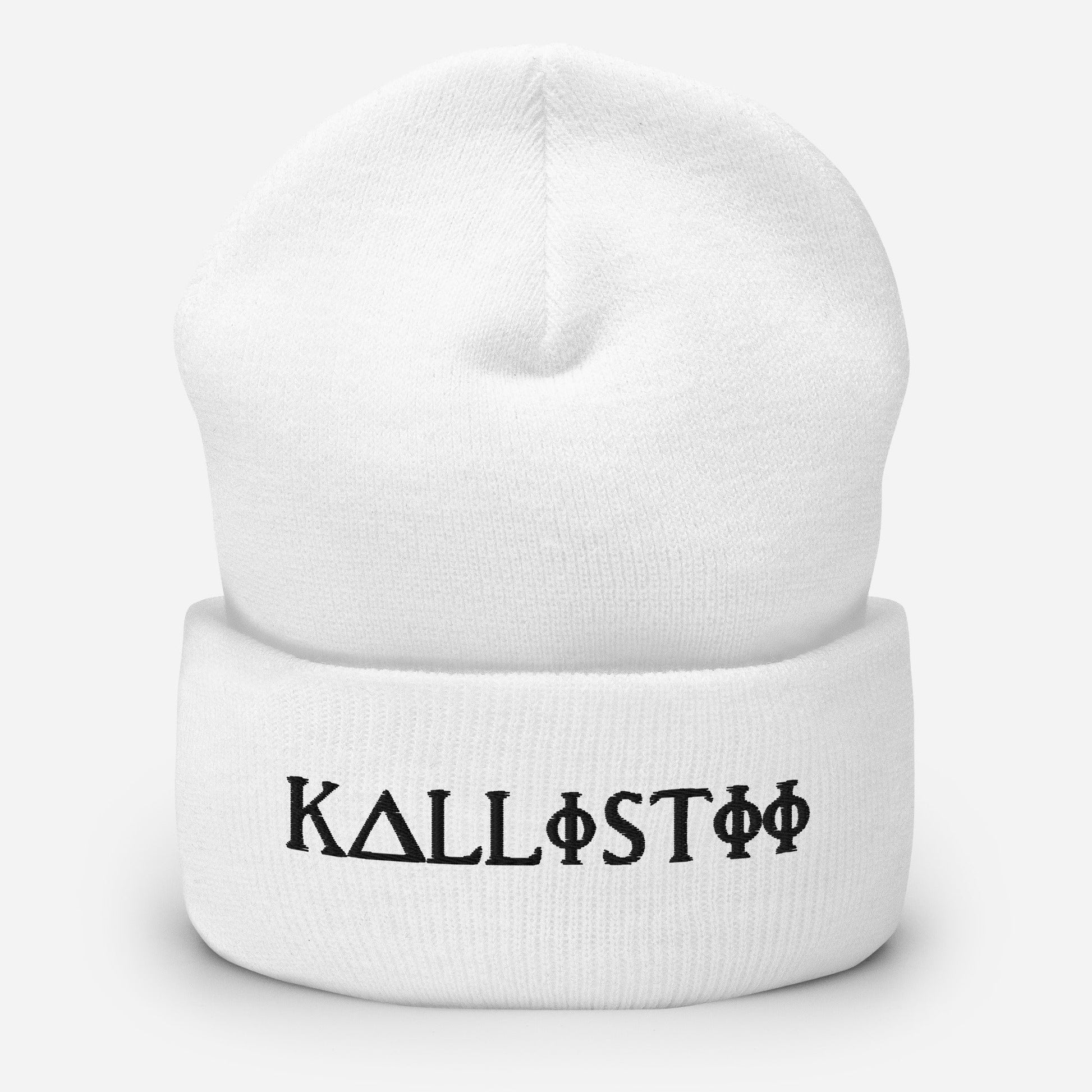 White KALLISTII embroidered beanie with black unique symbol logo on front cuff