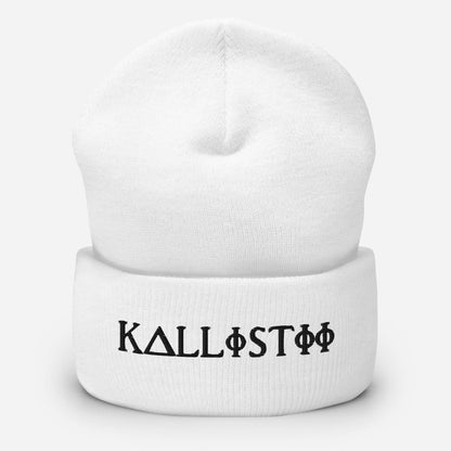 White KALLISTII embroidered beanie with black unique symbol logo on front cuff