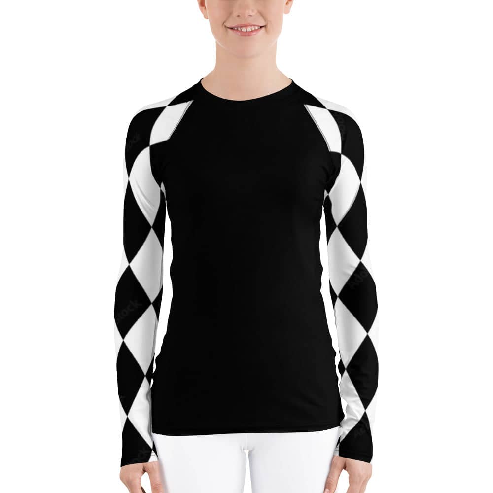 Kallistii black and white checkered long sleeve UPF swim top for women with fitted design