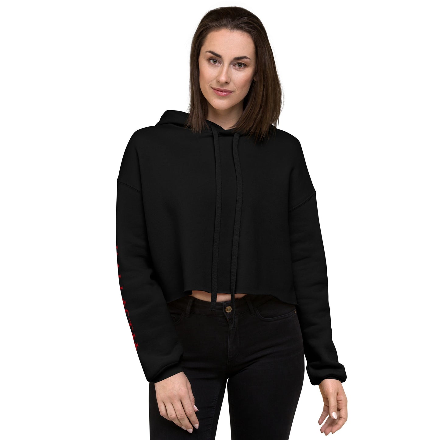 Kallistii womens fashion crop hoodie in black with long sleeves and adjustable hood