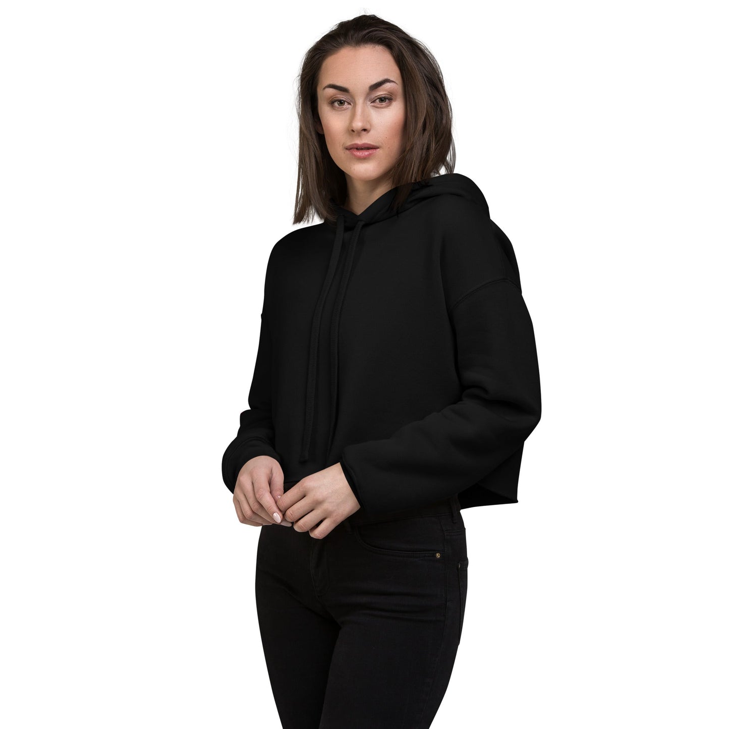Kallistii womens fashion crop hoodie in black worn by model with long sleeves and drawstring hood