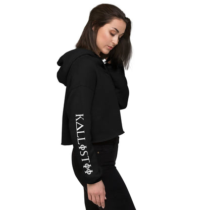 Black womens fashion crop hoodie by kallistii with logo print on sleeve styled with black pants