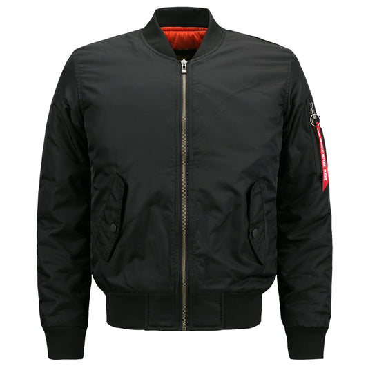 Kallistii black street style bomber jacket with front zipper and red inner lining