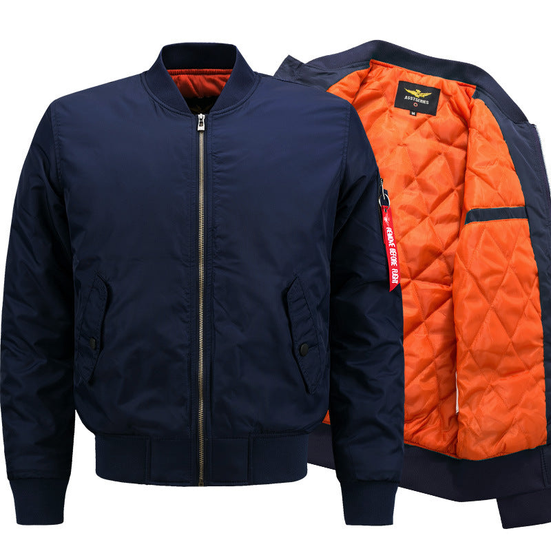 Kallistii street style bomber jacket in navy blue with quilted orange lining and front zipper