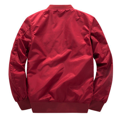 Red street style bomber jacket by kallistii shown from the back with ribbed cuffs and waistband