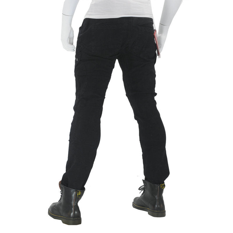 Kallistii black anti-slip jeans for fall protection worn with black boots shown from back