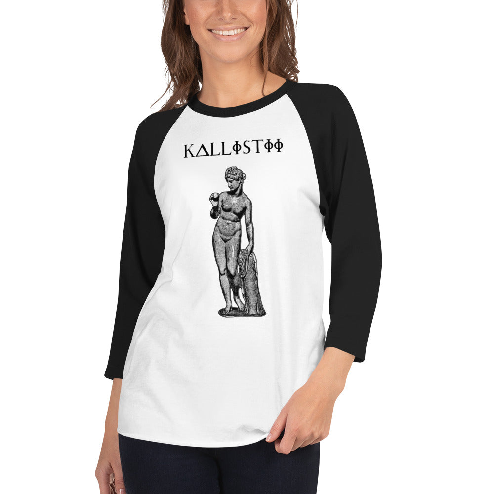 Aphrodite raglan shirt unisex by kallistii with black sleeves and classical statue graphic on white body