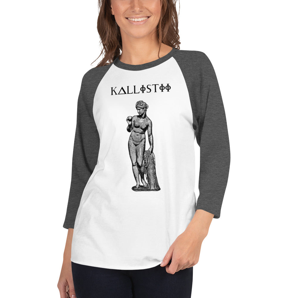 Aphrodite raglan shirt unisex with black and white statue graphic and charcoal gray sleeves by kallistii