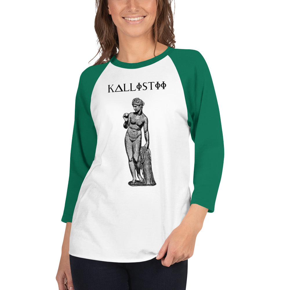 Aphrodite raglan shirt unisex by kallistii with green sleeves and black statue print on white body