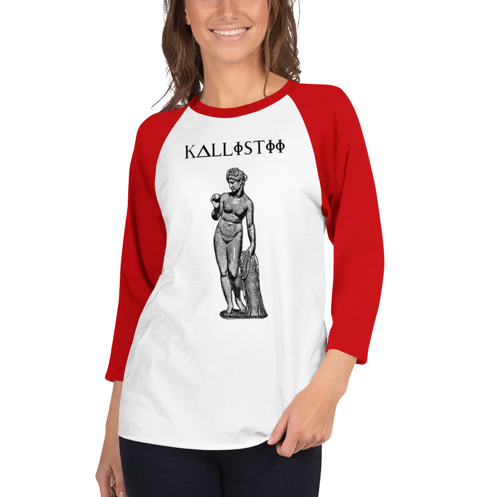 Aphrodite raglan shirt unisex by kallistii with red sleeves and white body featuring a statue print