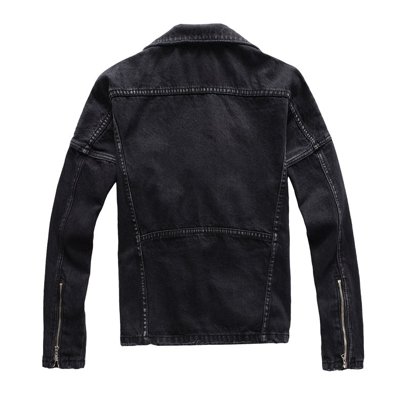 Back view of kallistii black denim motorcycle jacket with zipper details on sleeves
