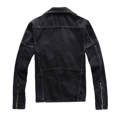 Back view of kallistii black denim motorcycle jacket with zipper details on sleeves