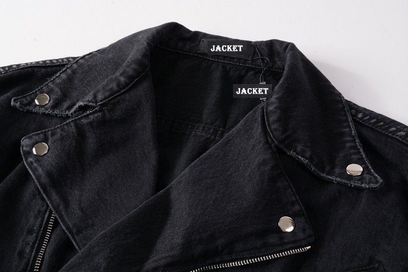 Black denim motorcycle jacket from kallistii with metal buttons and zipper detailing