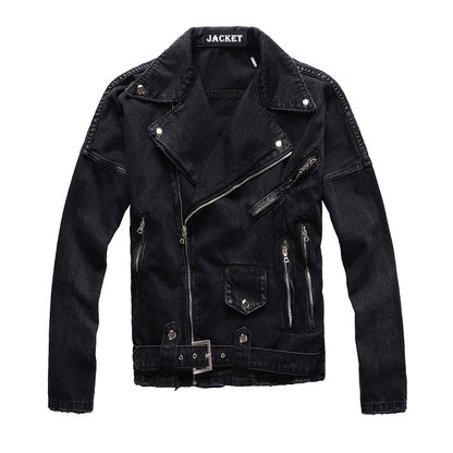 Kallistii black denim motorcycle jacket with silver zippers and buckle detail