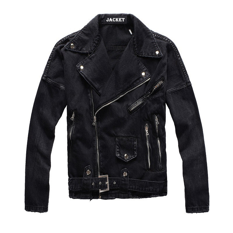 Kallistii black denim motorcycle jacket with zipper pockets and belt buckle detail