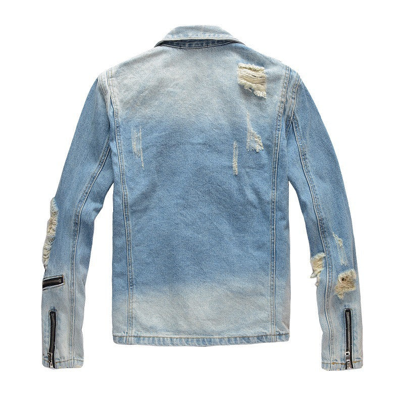 Kallistii blue denim motorcycle jacket with distressed details and zipper accents on sleeves back view