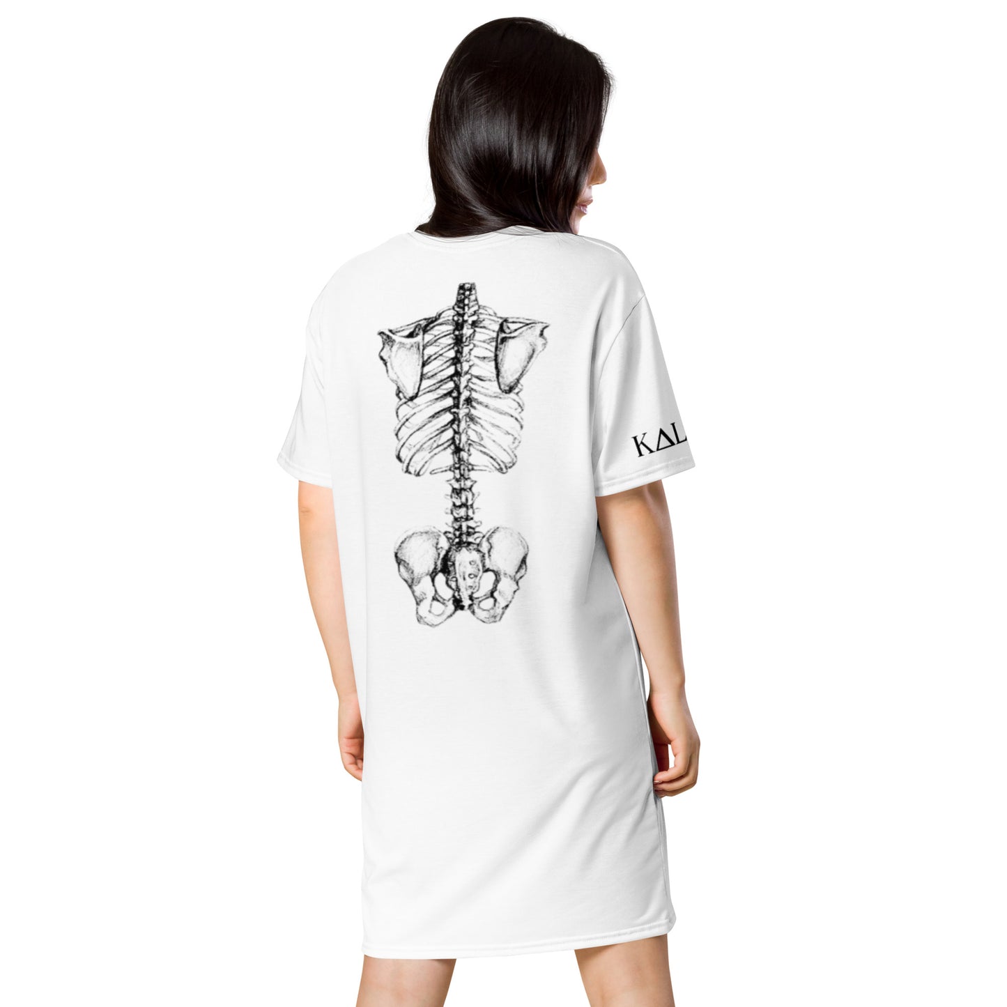 White bone anatomy t-shirt dress by kallistii with black skeleton print on the back
