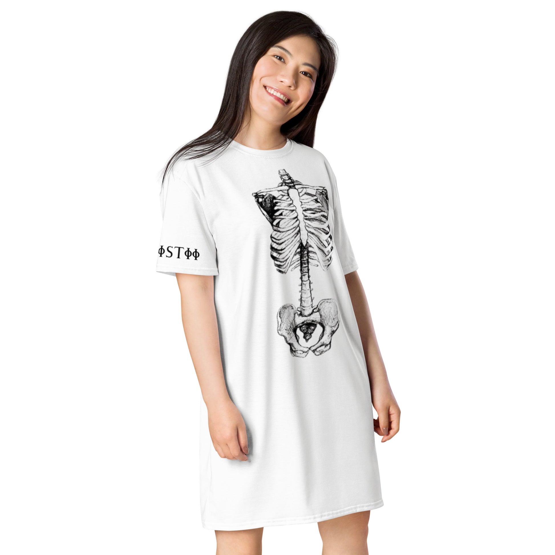 Woman wearing a white bone anatomy t-shirt dress with skeleton print on front and symbols on sleeve