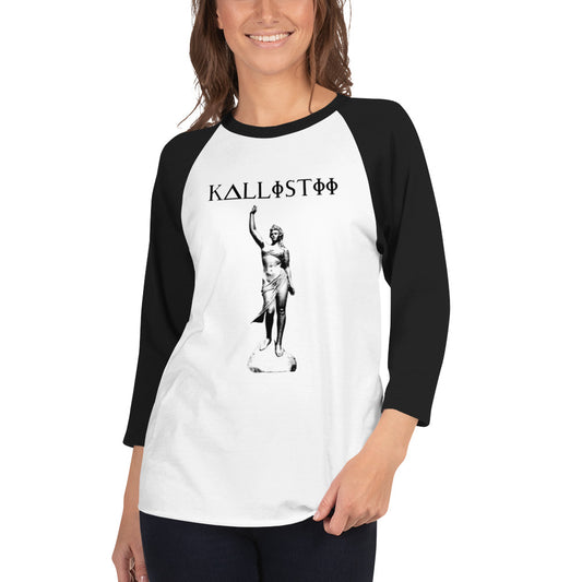Kallistii Calypso raglan shirt unisex with black sleeves and white body featuring statue graphic