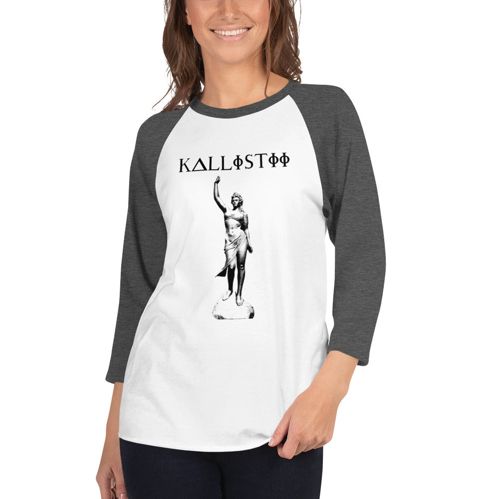 Calypso raglan shirt unisex by kallistii with black and white statue graphic and dark gray sleeves