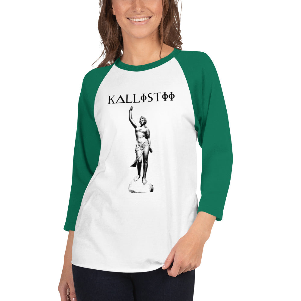 Calypso raglan shirt unisex by kallistii with green sleeves and statue graphic on white body