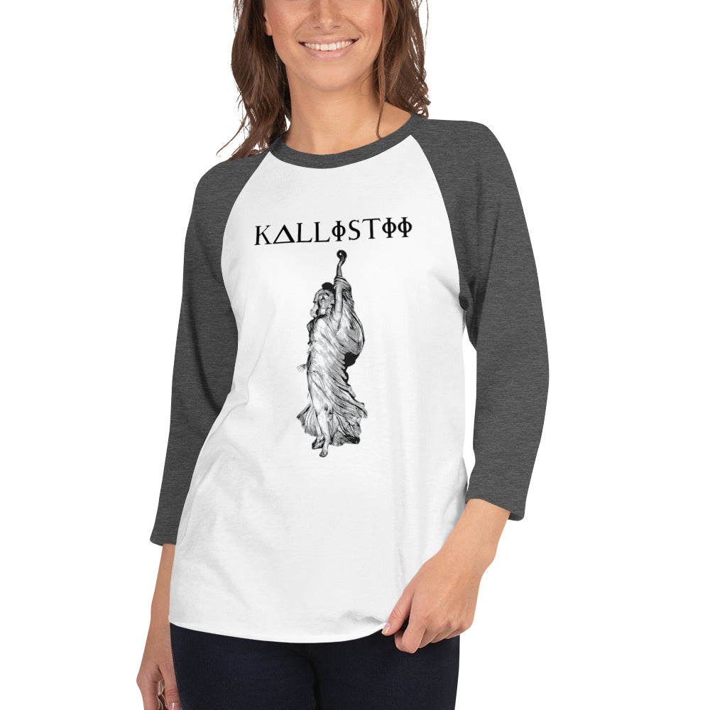Eris graphic baseball tee by kallistii with black raglan sleeves and statue print on front