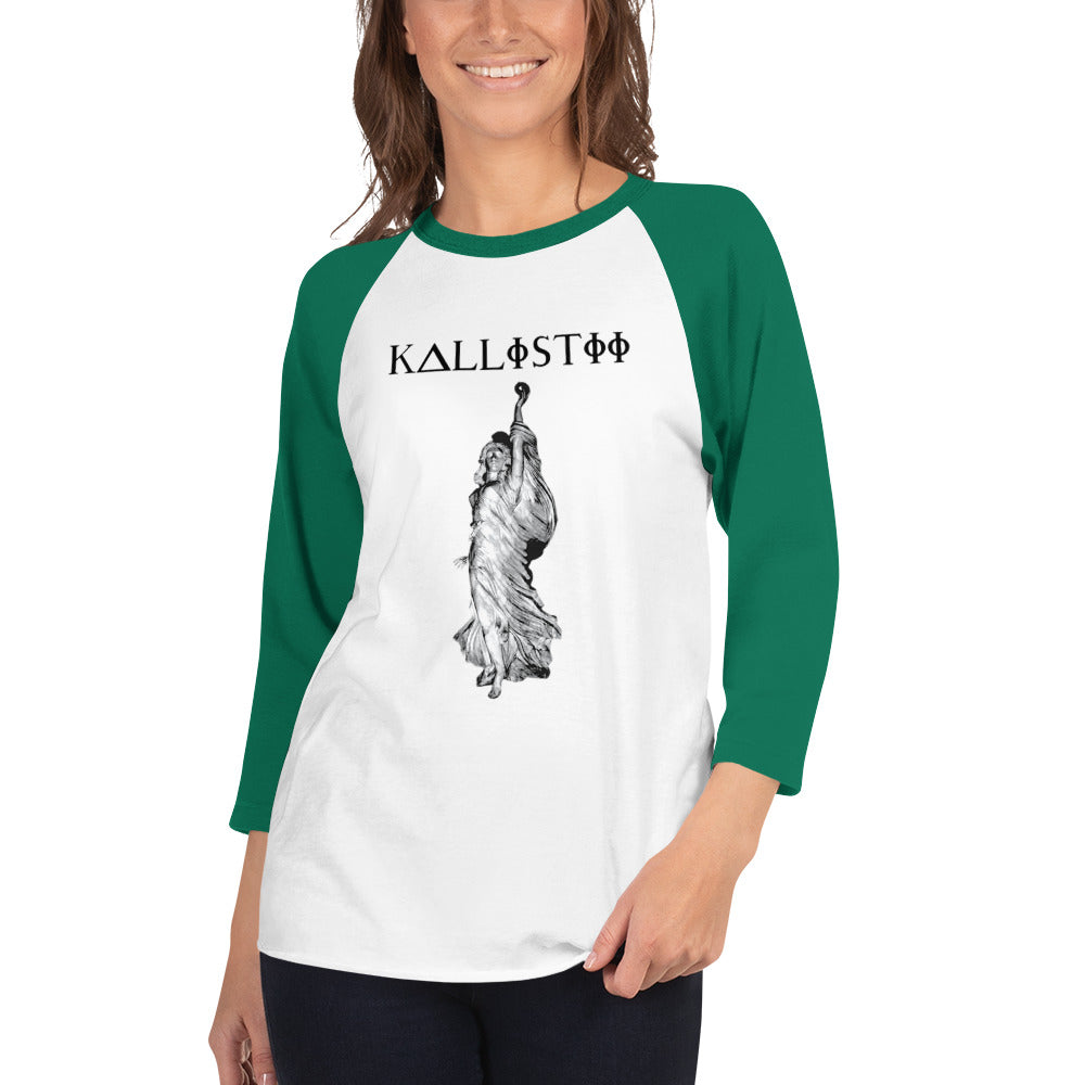 Eris graphic baseball tee with green sleeves and kallistii logo worn by smiling woman
