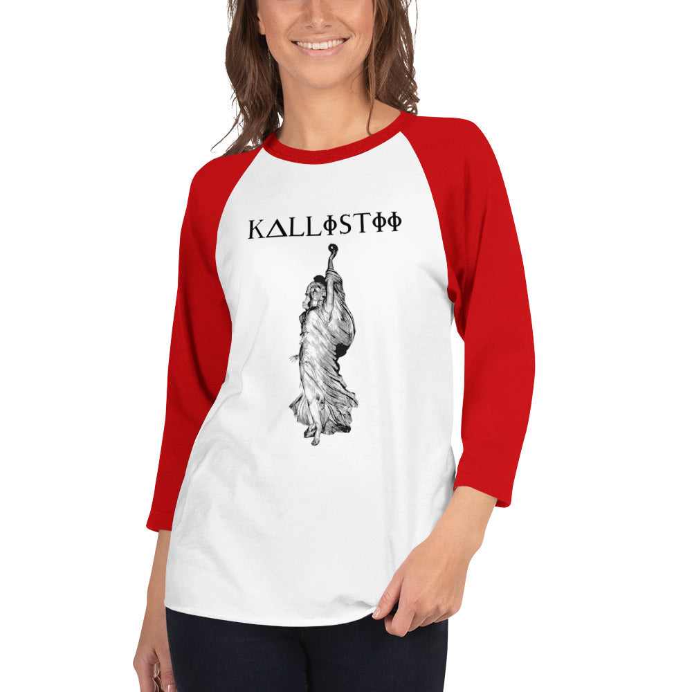 Eris graphic baseball tee by kallistii with red sleeves featuring a statue design on white fabric