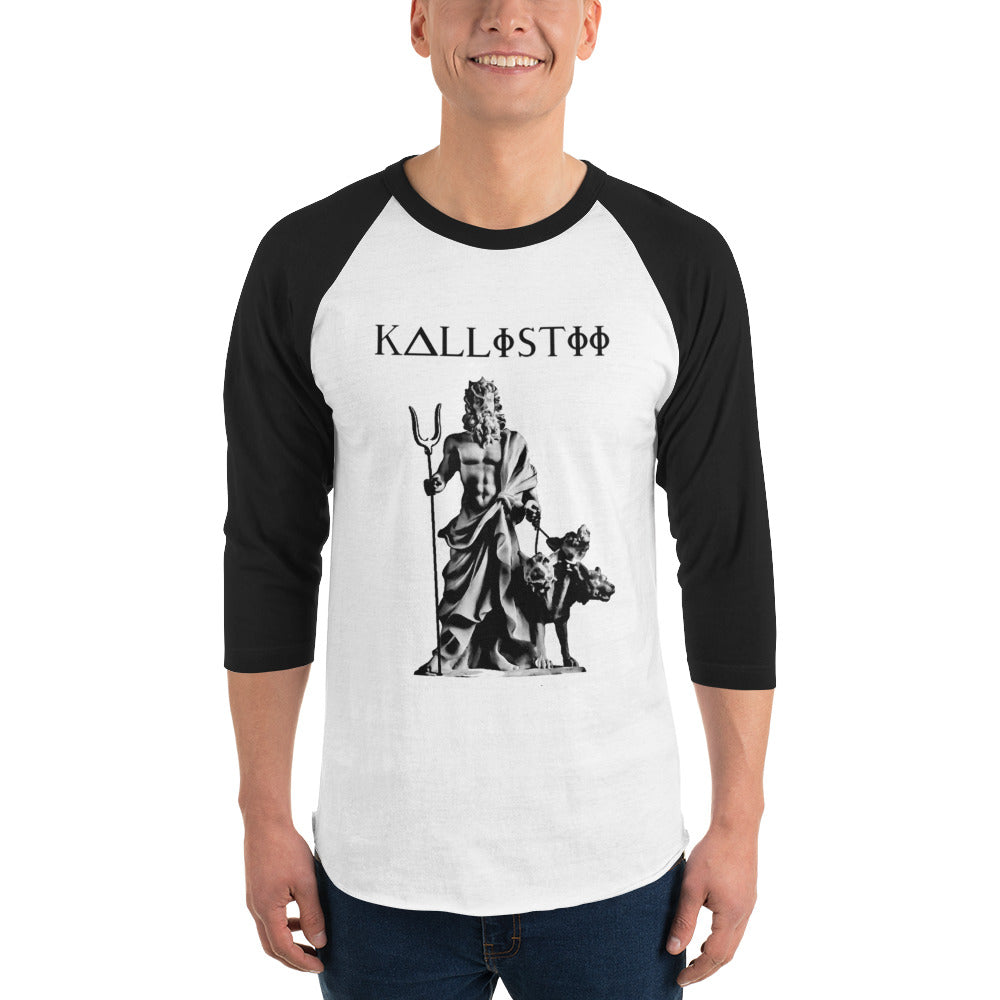 Kallistii Hades raglan shirt unisex with black sleeves and a graphic of Hades holding a trident and Cerberus