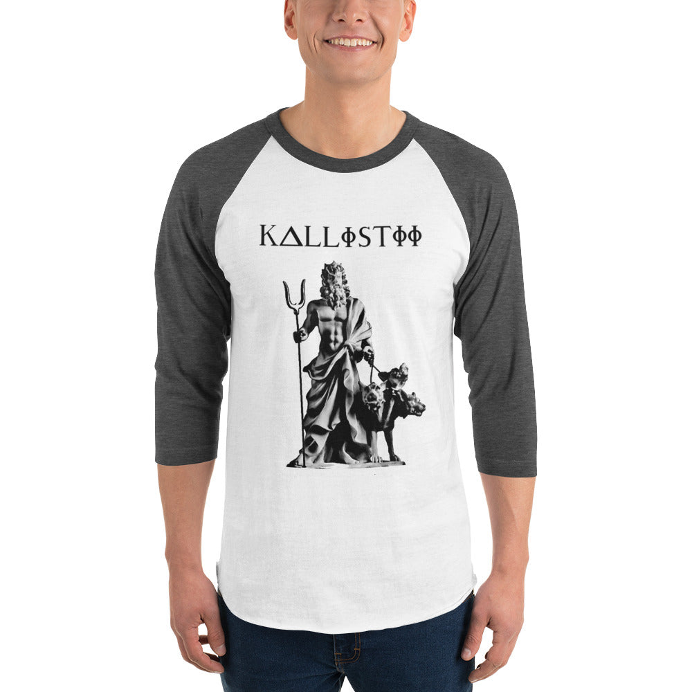 Kallistii Hades raglan shirt unisex with black and white design featuring Greek god Hades and Cerberus