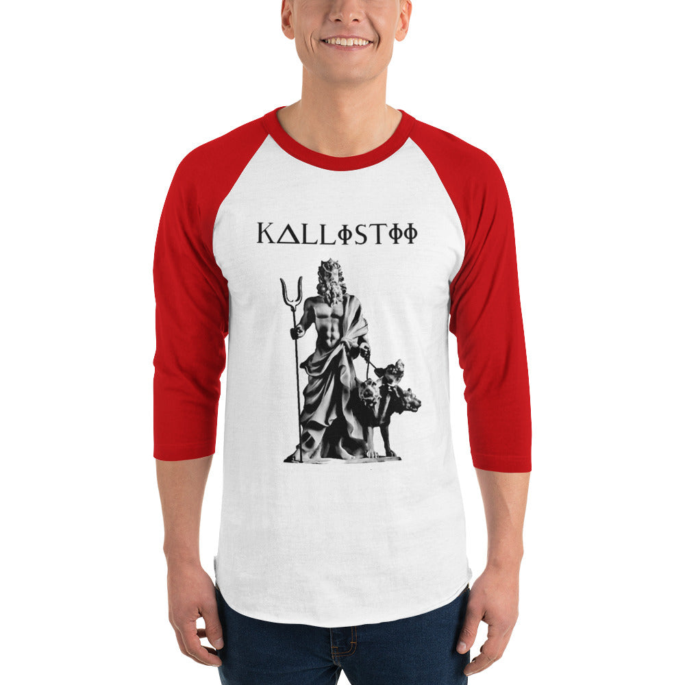 Hades raglan shirt unisex with red sleeves and white body featuring a statue graphic and Kallistii logo