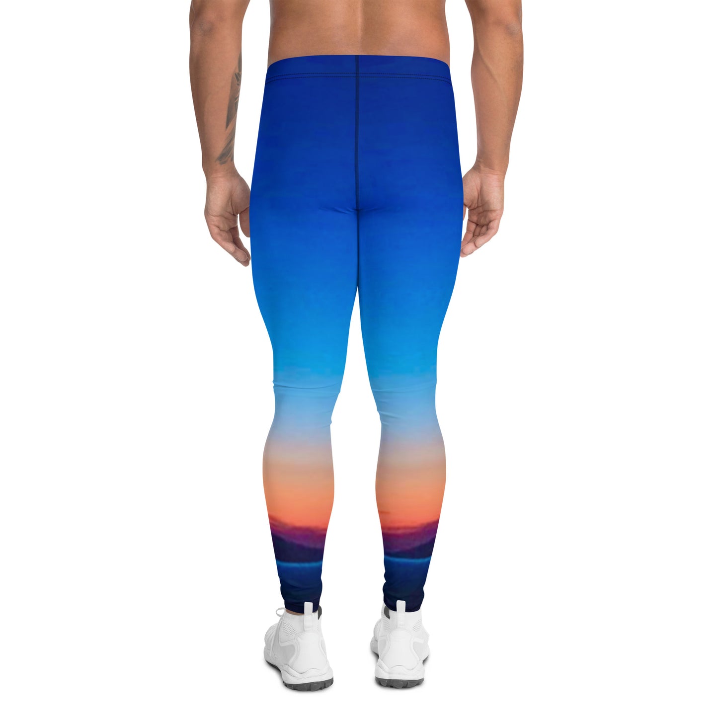 Back view of mens skyline leggings with a blue to sunset gradient design by kallistii