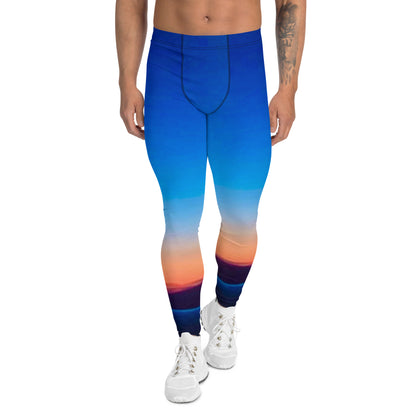 Kallistii mens skyline leggings with blue to orange gradient design and white sneakers