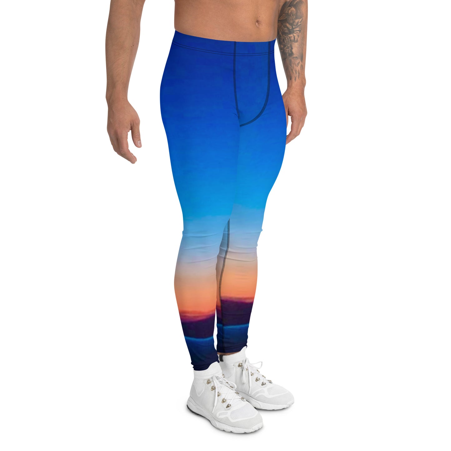 Kallistii mens skyline leggings with vibrant blue and sunset skyline design fitted on male model
