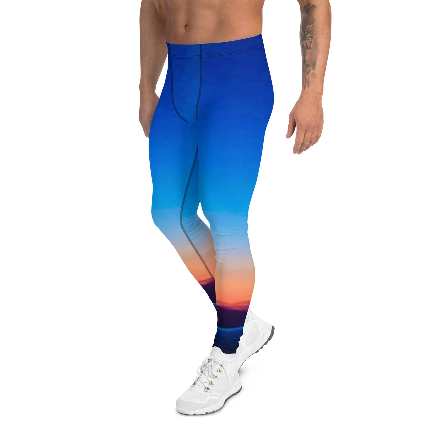 Kallistii mens skyline leggings featuring a blue and orange sunset cityscape design on a fitted athletic model