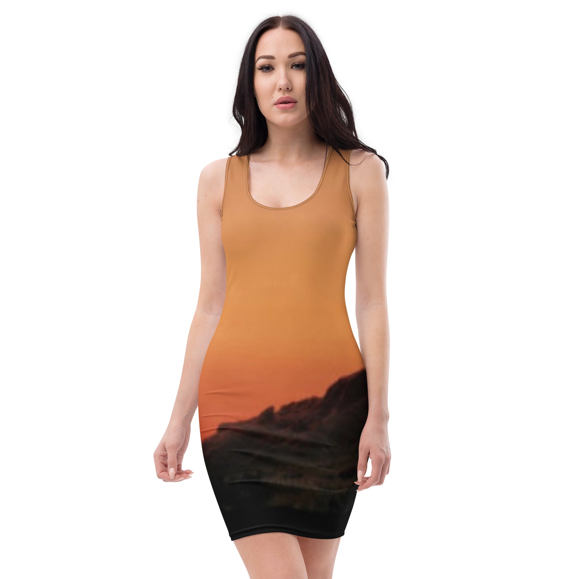 Kallistii mesa bodycon dress with sleeveless design and sunset landscape print on fitted silhouette