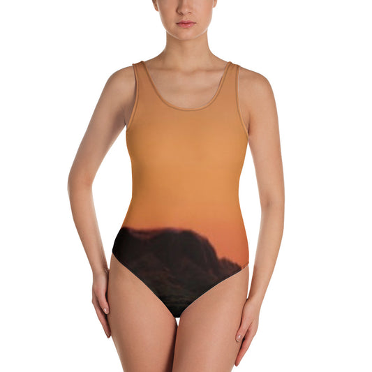 Mesa swimsuit for women in gradient orange with black mountain design and scoop neckline