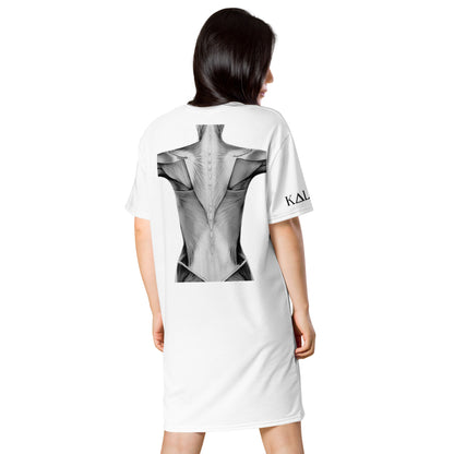 White muscle anatomy t-shirt dress by kallistii featuring a detailed black and white back muscle illustration